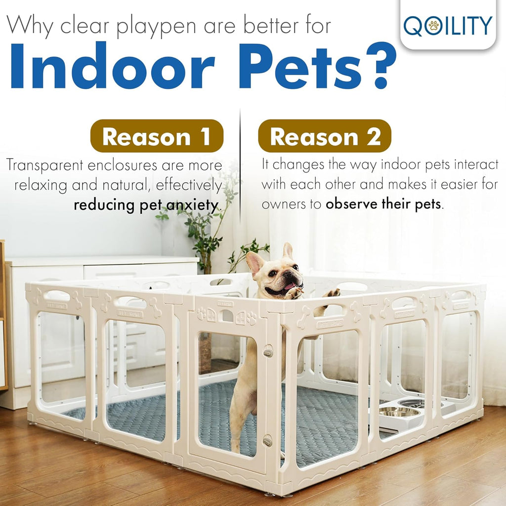 Clear Dog Play Pen Indoor, Effectively Relieves Indoor Pet Anxiety, 56" x 37" x 23.6"H, Suitable for Dogs and Puppies, White