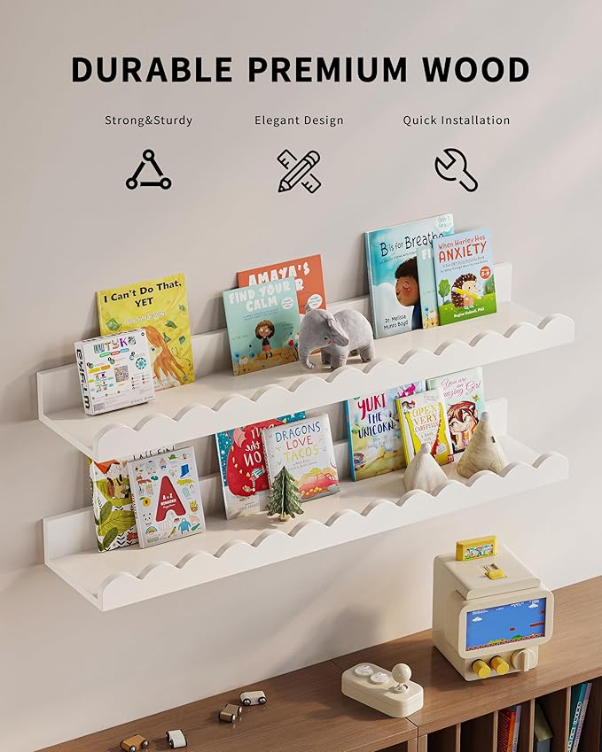 Nursery Book Shelves, Set of 3, Nursery Decor for Baby and Toddler, Scalloped Shelves, Book Shelf for Kids Rooms, Wall Book Shelf for Bedroom Kids, Floating Shelf for Wall