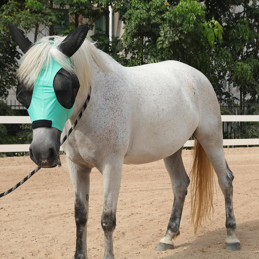 Horse Fly Mask with Ears - Large Eye Space for Full Vision, Breathable Stretch Comfort Fit, UV Protection, Forelock Opening, Easy Pull-On Green Pony