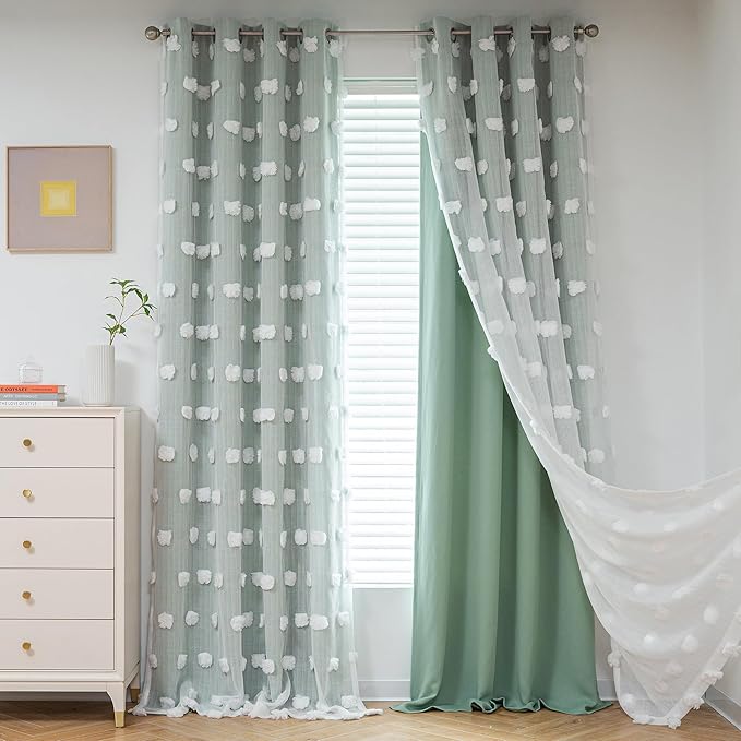 MYSKY HOME 90 Inches Long Aqua Curtains for Living Room Nursery Curtains for Bedroom Double Layer Curtains White Pom Pom Sheer Curtains for Dining Room Grommet Room Darkening Window Panels W52 X L90