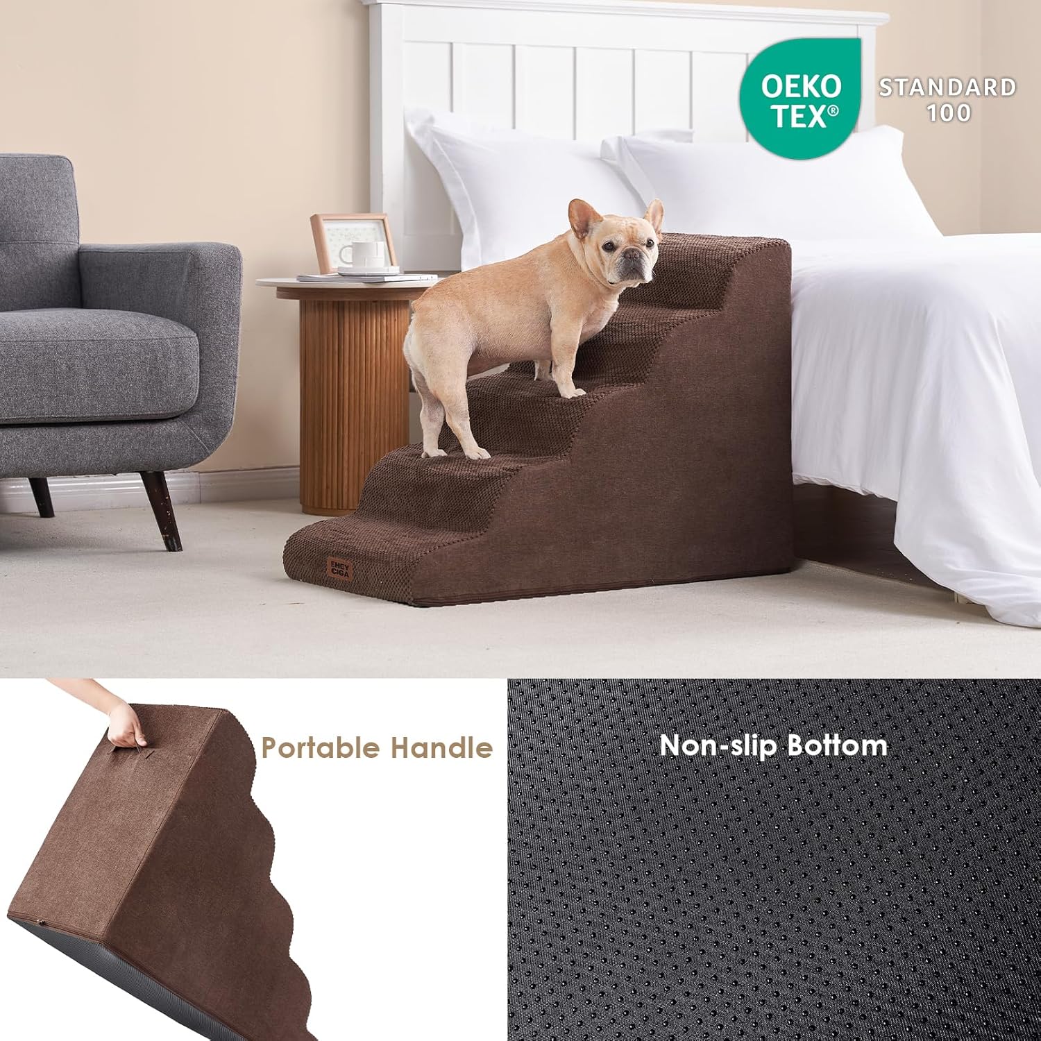 EHEYCIGA Curved Dog Stairs Ramp for High Beds, 5-Step Extra Wide Dog Steps for Small Dogs and Cats, Pet Stairs for High Bed Climbing, Non-Slip Balanced Pet Step Indoor, Brown