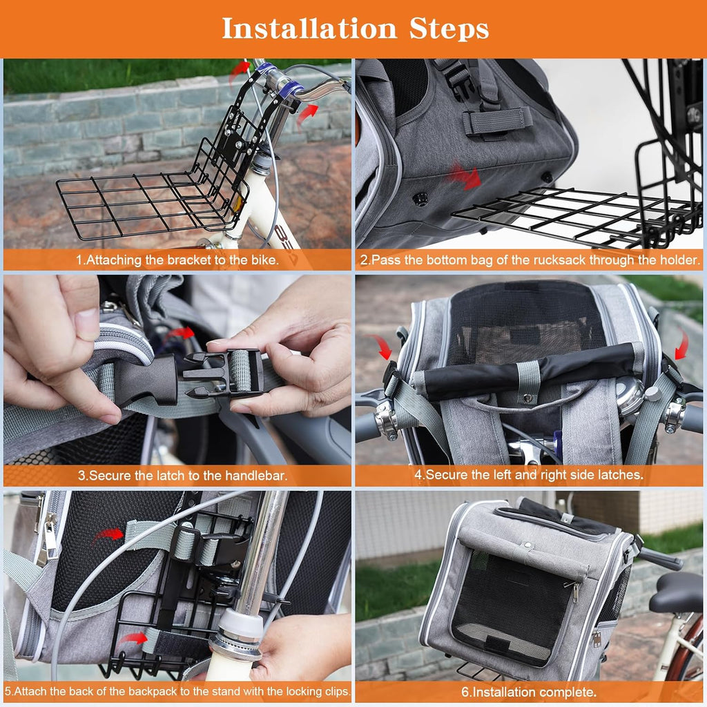 Xixter Dog Basket for Bike, Suitable for Small & Medium Pet Up to 7 kg, Foldable 4-in-1 Pet Bike Basket, Crossbody, Shoulder and Car Seat, with Sturdy Bracket and 4 Mesh Windows, Gray
