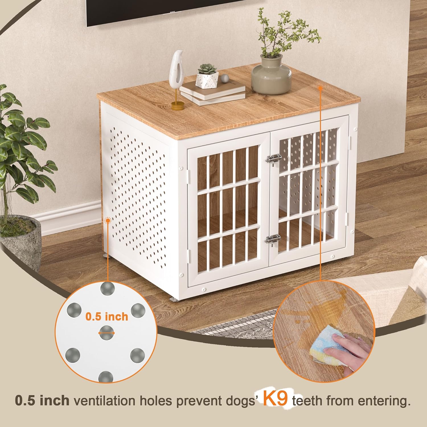 32" Heavy Duty Dog Crate Furniture for Small and Medium Dogs, Metal Kennel for High Anxiety Dogs, Chew Proof Pet Cage Indoor, Decorative Dog Kennel End Table, White