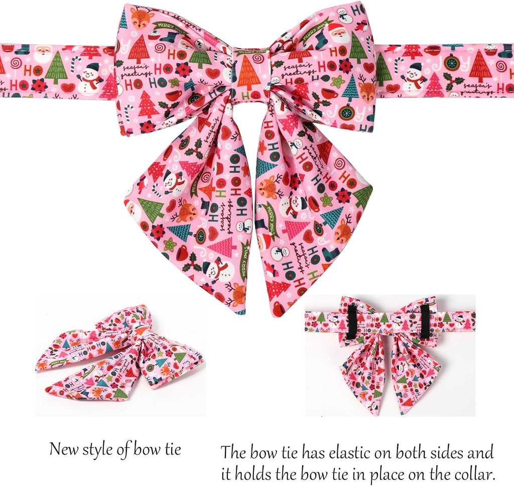 Lionet Paws Christmas Dog Collar with Sailor Bow, Cute Ho Christmas Tree Snowman Pink Dog Collar Bow Tie for X-Large Dogs, Neck 16-26 inches
