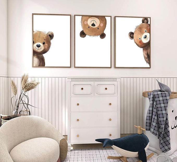3Pcs Baby Teddy Bear Nursery Wall Art Peeking Bear Pictures Wall Decor Peekaboo Kids Room Decor Woodland Animal Posters Neutral Nursery Painting Canvas Print Artwork for Children's Baby Room Bedroom