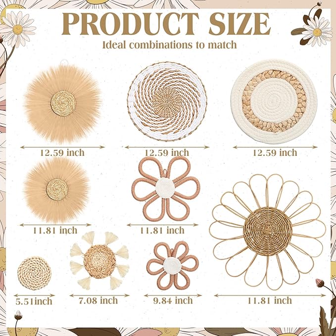 Chunful 9 Pcs Boho Nursery Wall Decor Daisy Flower Woven Macrame Seagrass Rattan Basket Wall Hanging Bohemian Decorations Gifts for Home Dorm Art Farmhouse Bedrooms Living Room (Boho)