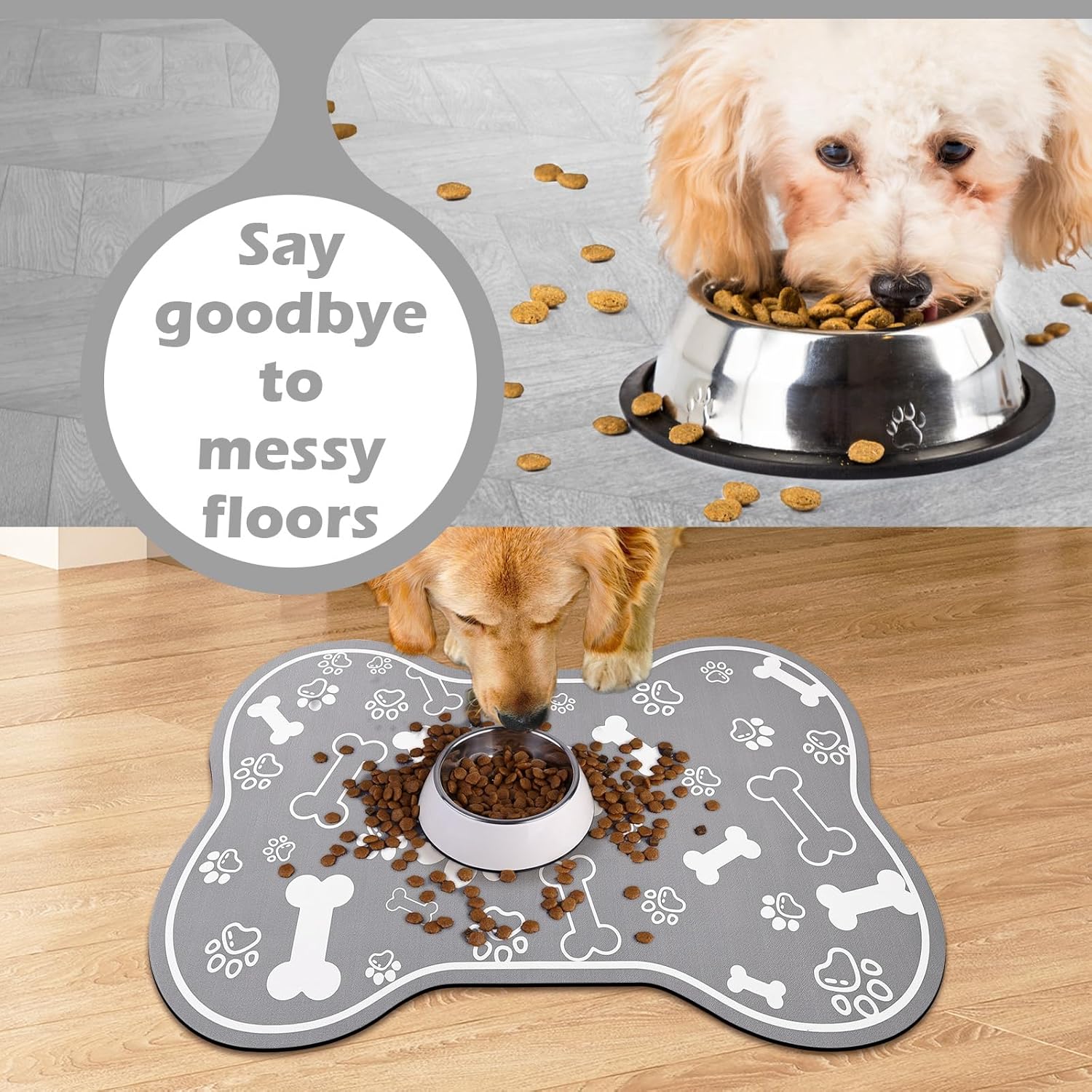 Dog Cat Food Mat, Rapid Absorbent Pet Feeding Placemat, Bone Shaped With Rubber Backing, No Stains Indoor, Pet Accessories Supplies 17"29" Grey