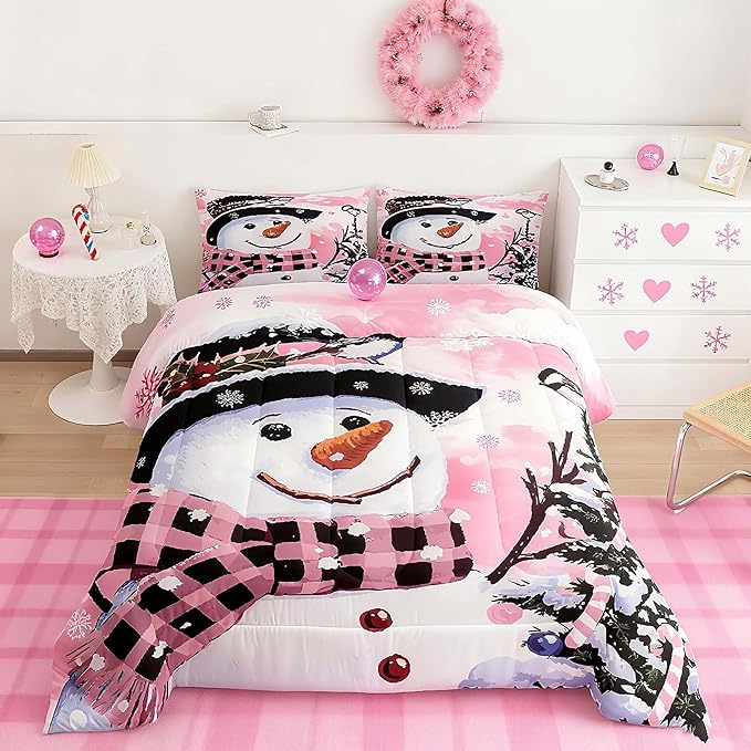 Feelyou Kids Christmas Theme Decorations Bedding Set Xmas Snowman Comforter Set for Boys Girls Snowflake Kawaii Cute Pink Bedroom Collection Twin Size