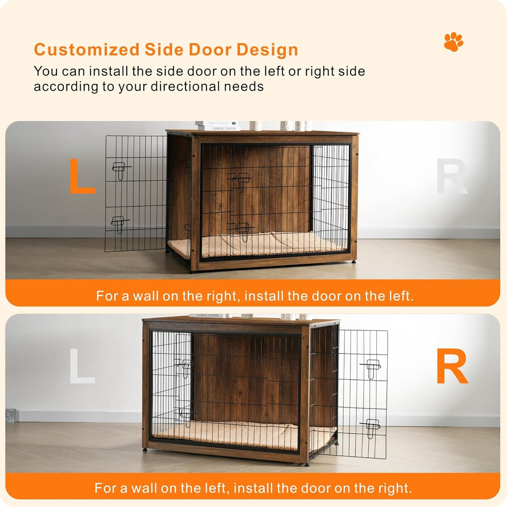 DWANTON Dog Crate Furniture with Cushion, Wooden Kennel Table with Double Doors, Indoor Dog House, Extra Large, 43.3" L, Warm Brown