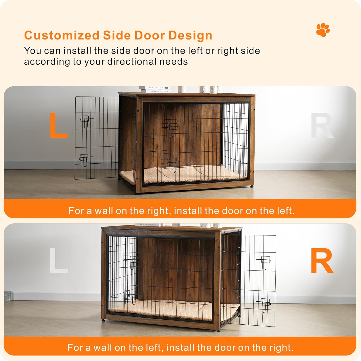 DWANTON Dog Crate Furniture with Cushion, Wooden Kennel Table with Double Doors, Indoor Dog House, Extra Large, 43.3" L, Warm Brown