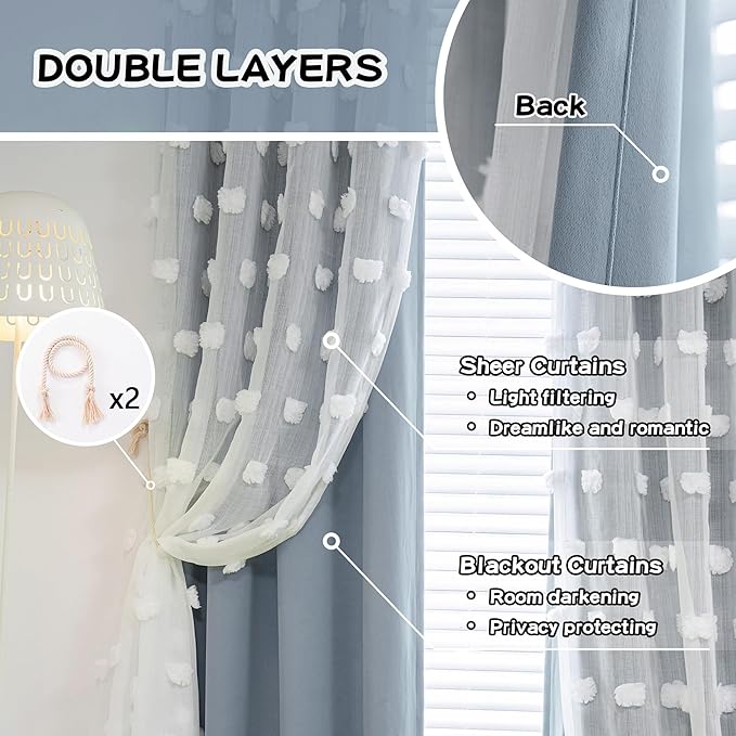 MYSKY HOME Dusty Blue Curtains for Bedroom & Kids Room - 54 Inch Long, Double Layer, White Pom Pom, Sheer, Grommet, Darkening, Small Window, 2 Panels, 52 x 54 in