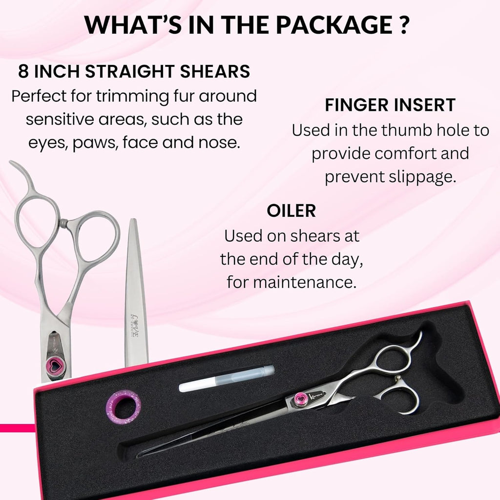 Kenchii Love Dog Grooming Scissors, 8 Inch Straight Shears, Dog Scissors for Grooming, Professional Pet Grooming Scissors, Heavy Duty, Durable and Sharp