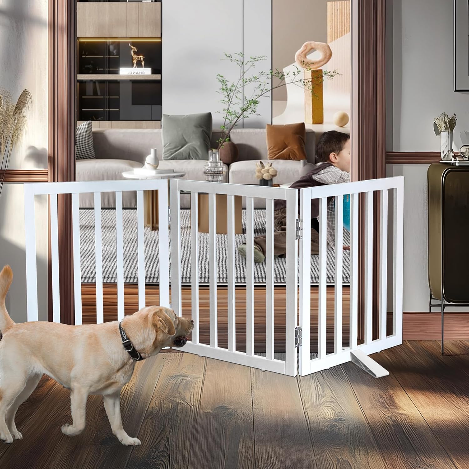 ZJSF Freestanding Indoor Dog Gate for House Foldable Wood White Puppy Gate for Doorways Pet Gate for Stairs Extra Wide Pet Fence 24" Height 3 Panels