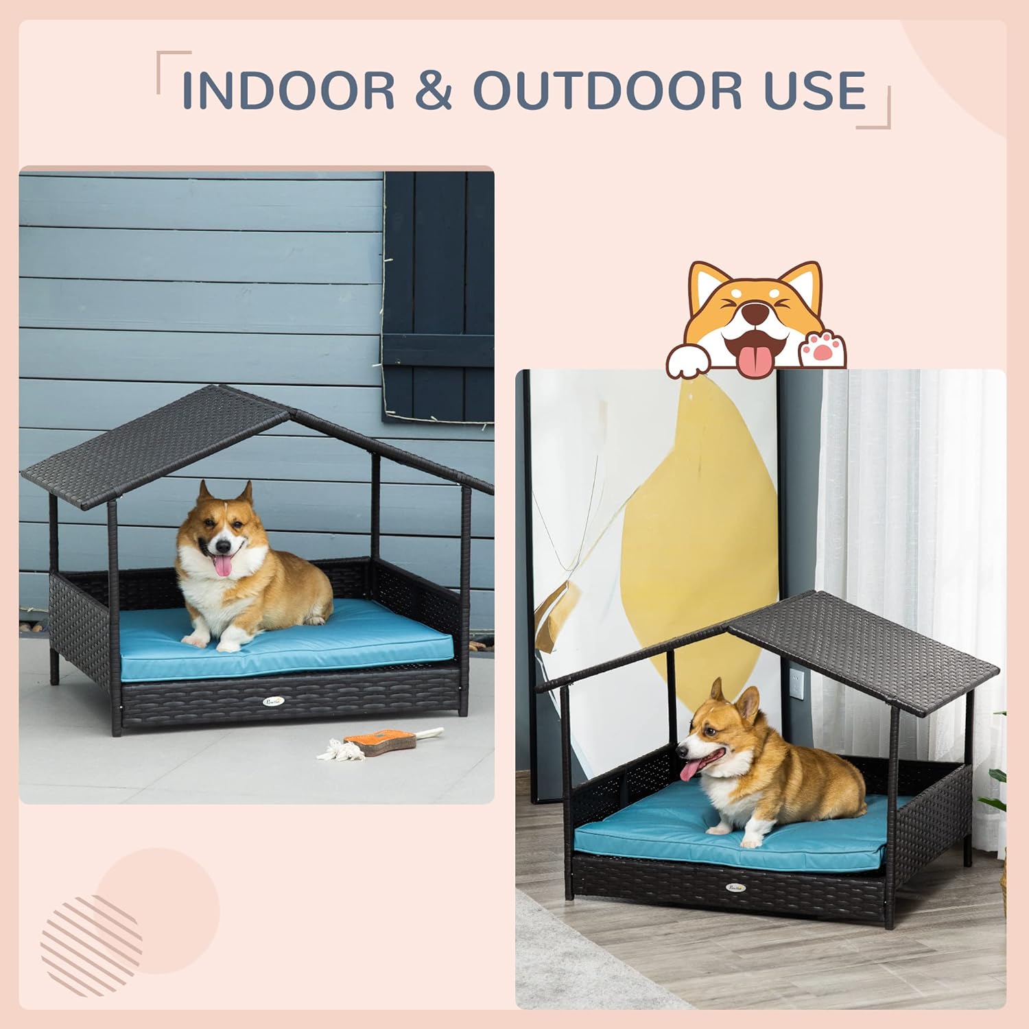 PawHut Wicker Dog House Outdoor with Canopy, Rattan Dog Bed with Water-Resistant Cushion, Raised Dog Bed for Small, Medium Dogs up to 66 lbs, 19.75" in Length, Brown Wicker, Blue Cushion