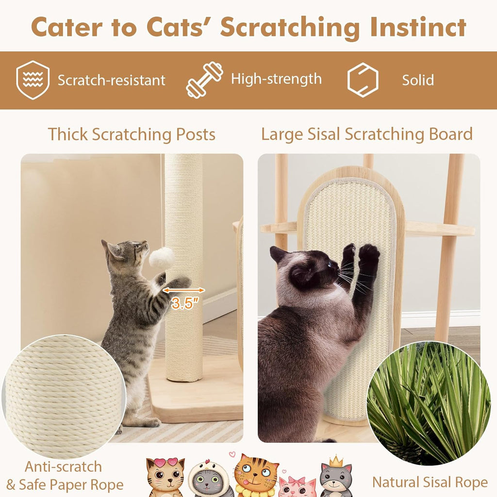 Tangkula Wood Cat Tree for Indoor Cats, Multi-Level Modern Cat Tower with Sisal Scratching Board & Post, Padded Perch, Platform, Hanging Toy, Minimalist Kitten Activity Center for Small & Medium Cats