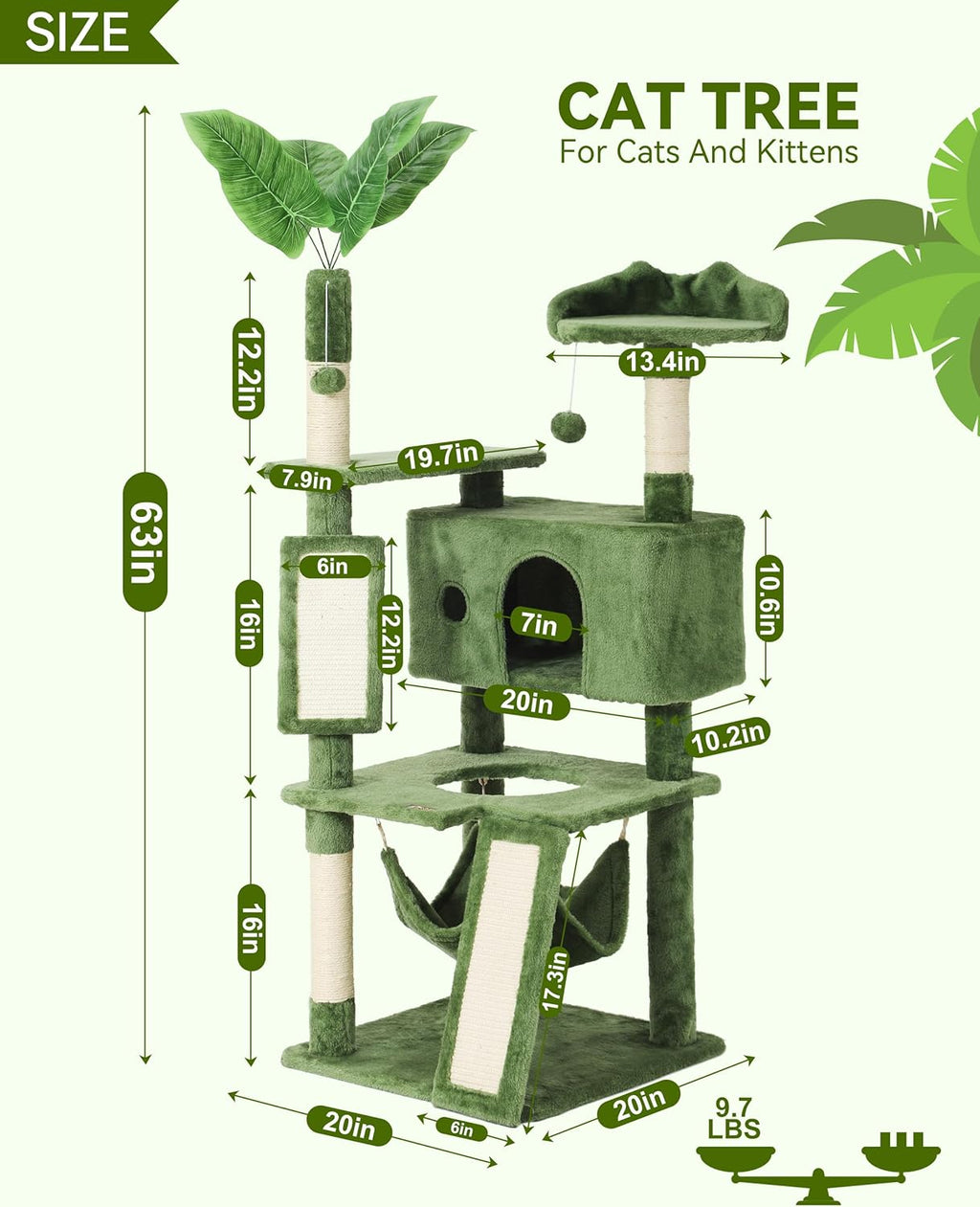 Hoopet 63IN Cat Tree Tower for Indoor Cats Large Adult, Cat Scratching Posts Featuring with Scratching Boards, Wide Plush Perch and Interactive Dangling Balls Ideal for Multi-Cat Households