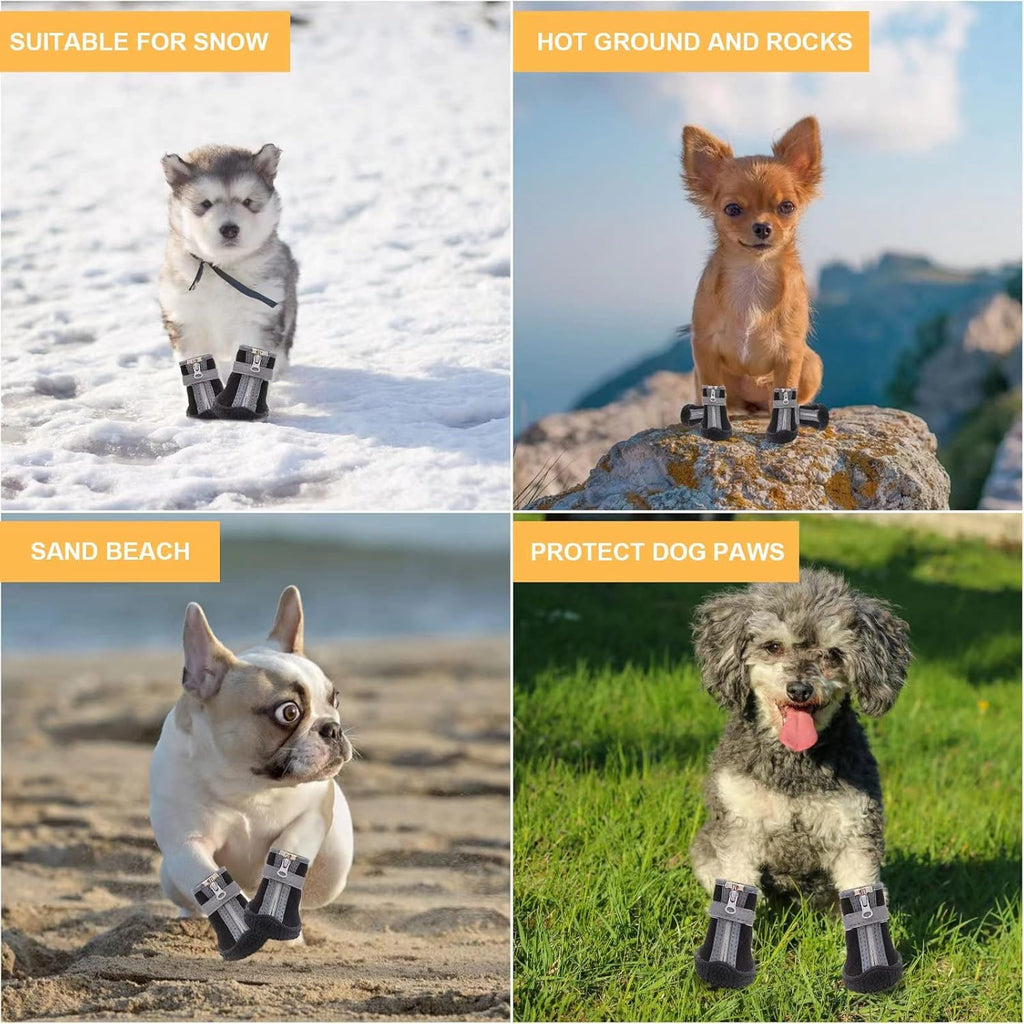 Dog Shoes for Small Dogs, Puppy Dog Boots & Paw Protector for Winter Snow Day, Summer Hot Pavement, Waterproof in Rain Weather, Ourdoor Hiking, Indoor Hardfloors with Anti Slip Sole 4PCS/Set