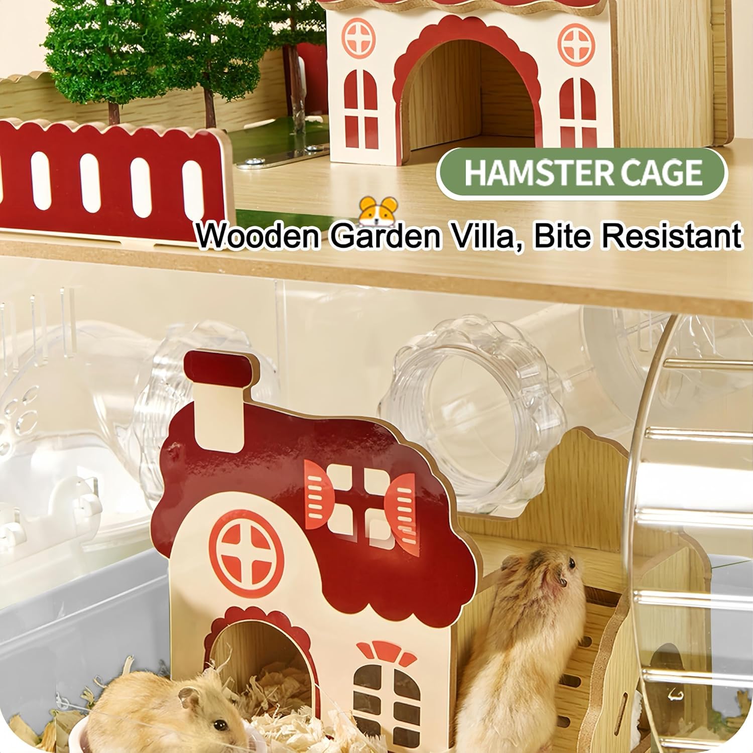 17 in 1 Clear Acrylic Hamster Cage with All Accessories,13.5''L* 10''W* 21''H Dwarf Hamster Cage,Magnetic Connection Small Hamster Enclosure,Garden Style Wooden Mouse Cage for Pet Mice(3-Layer,White)