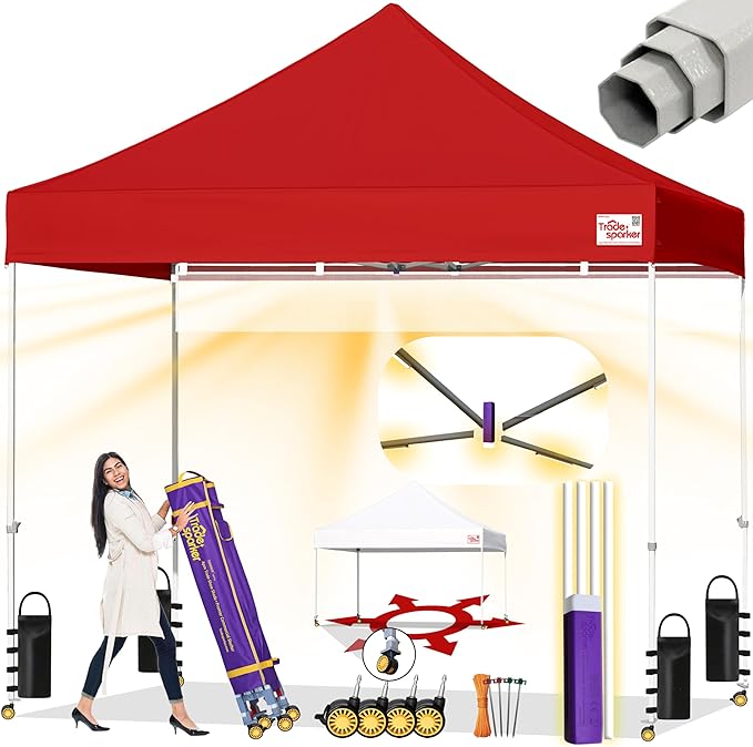 Tradesparker 10x10 Pop Up Canopy Tent,Commercial Movable Canopy with ApexCore LED & Rugged Casters-Instant Easy Setup Shelter Canopies with Weight Bags & Stakes for Oudoor Events Markets Vendors,Red