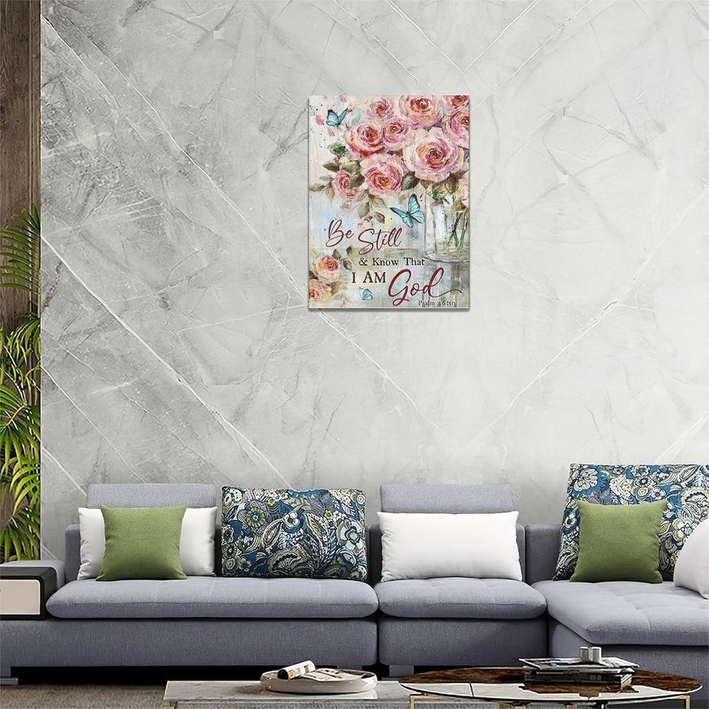 Farmhouse Rose Wall Art Christian Scripture Pictures Pink Rose Wall Decor Rustic Floral Butterfly Canvas Print Painting Artwork for Bathroom Living Room Bedroom 12"x16"
