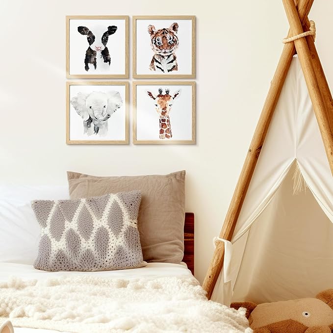 ArtbyHannah Framed Safari Nursery Wall Decor, 10x10 inch Cute Baby Wall Art Room Decor for Kids, Jungle Animals Prints for Playroom Bedroom Decorations 4 Pack (Elephant, Giraffe, Tiger and Cow)