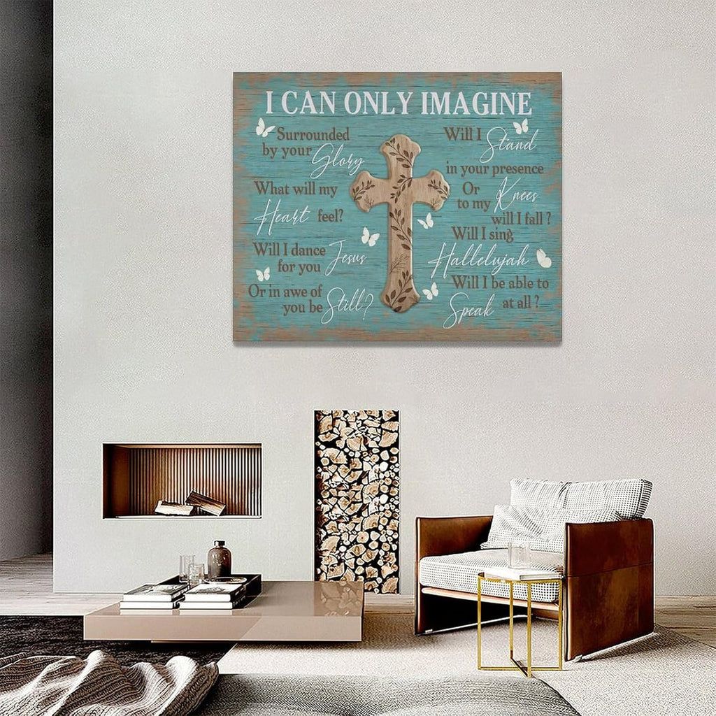 Rustic Christian Cross Wall Art I Can Only Imagine Pictures Farmhouse Butterfly Wall Decor Teal Motivational Canvas Print Painting Artwork for Bathroom Living Room Bedroom 16"x20"