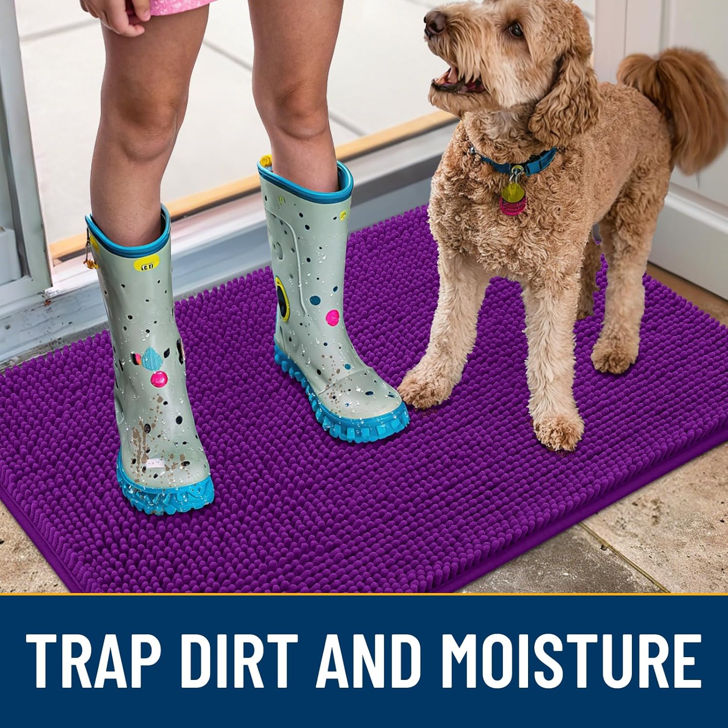 Smiry Dog Door Mat for Muddy Paws 30x20, Absorbs Moisture and Dirt Doormat, Non-Slip Washable Quick Dry Chenille Front Door Mat Indoor Entrance, Entryway Carpet for Inside Floor, Purple