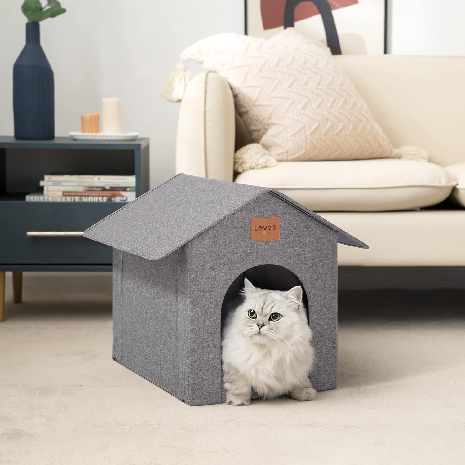Love's cabin Outdoor Cat House Weatherproof, Insulated Feral Cat House Outdoor for Winter, Waterproof Outside House for Indoor Cats, Shelter with Removable Soft Cushion,Grey