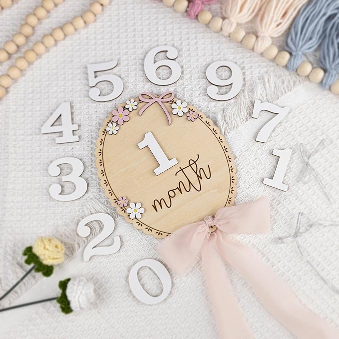 Baby Monthly Milestone Wooden Sign with Numbers and Stand – Natural Wood Milestone Board for Newborn Monthly Growth Photos – Cute 3D Flowers Photo Prop for Baby Milestone Memories (Light Pink Ribbon)