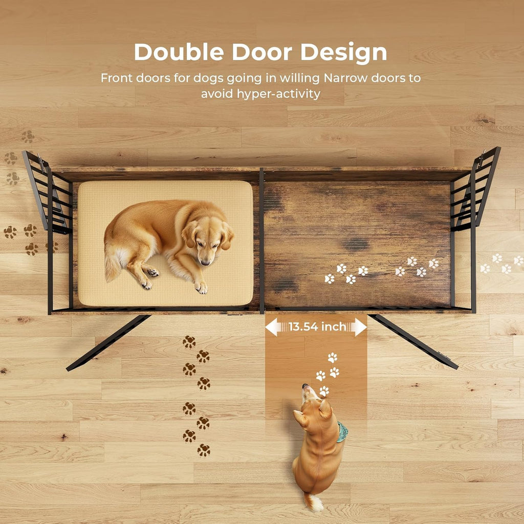 78 Inch Dog Cage Furniture for 2 Large/Medium Dogs with Removable Divider, Extra Large Double Doors Dog Kennel, XXL Thick Wooden Dog cage Furniture, Durable and Sturdy, Brown
