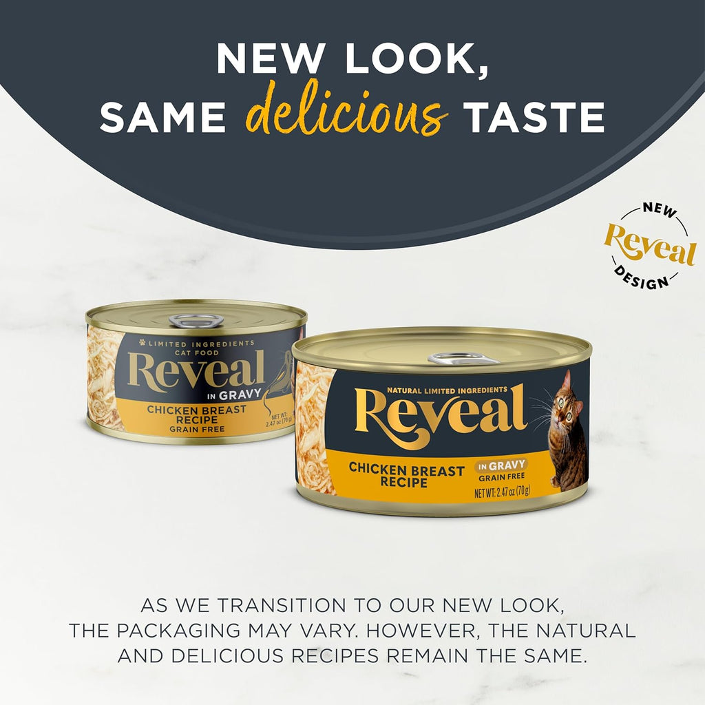Reveal Natural Wet Cat Food, 24 Count, Grain Free, Limited Ingredient Canned Food for Cats, Chicken Breast in Gravy, 2.47 oz Cans