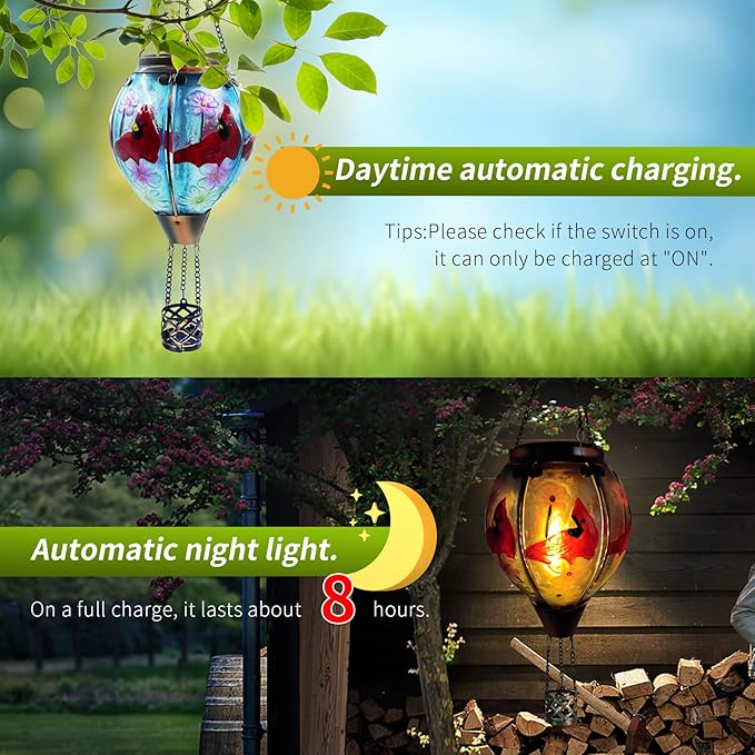 Glass Solar Hot Air Balloon Lantern with Flame Hanging Garden Flickering Light Outdoor Waterproof for Yard Patio Tree Mother's Day Gift, Cardinal
