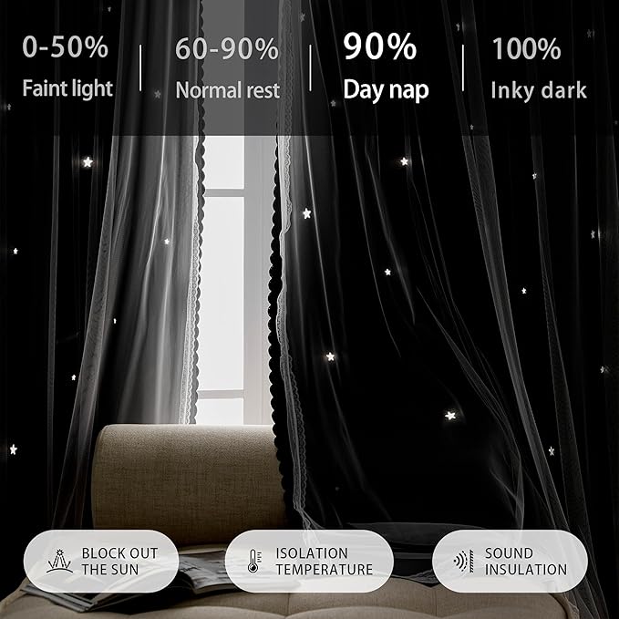 XiDi Star Curtains - Unicorn Kids Room & Bedroom Blackout Curtains, 63x52in, 2 Panel Sets, Grey