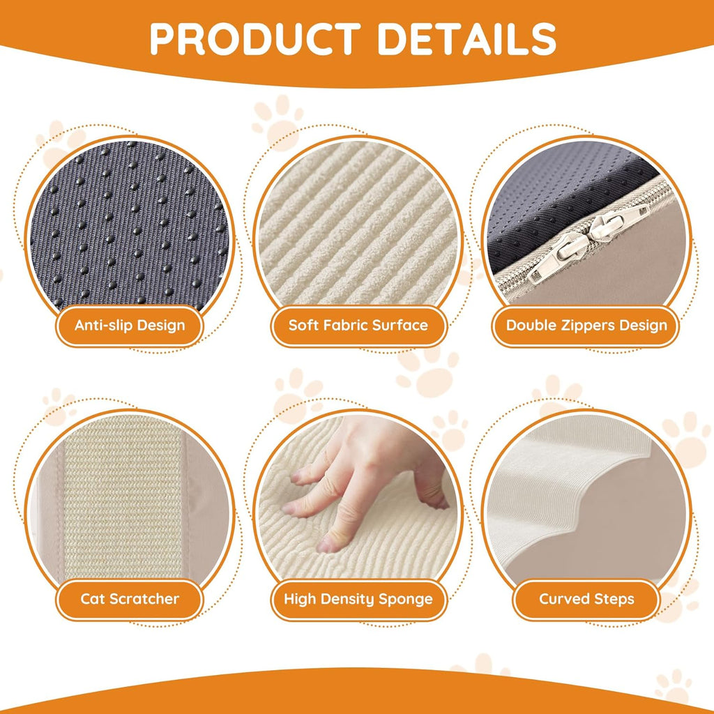 Pet Stairs for Small Dogs - 3-Step Curved Dog Ramp for Bed, Couch, Sofa, Car and Chairs - Non-Slip Bottom Design - Cat Scratching Board - High Density Foam Portable Pet Step - Beige