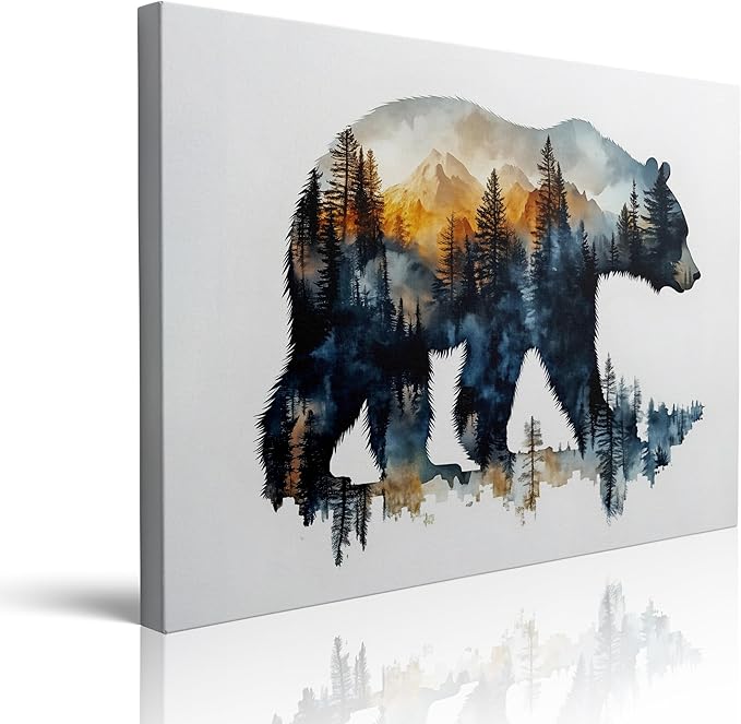 Bear Silhouette with Mountain Landscape Canvas Wall Art - Framed Nature Inspired Painting, Wildlife Forest Scene Wall Decor Artwork for Living Room, Cabin, Bedroom, Office (12x16 Inches)
