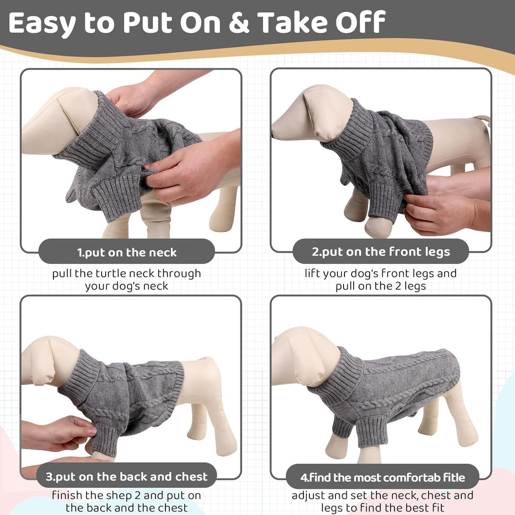 Queenmore Small Dog Pullover Sweater, Cold Weather Cable Knitwear, Classic Turtleneck Thick Warm Clothes for Chihuahua, Bulldog, Dachshund, Pug (Slate Grey, X-Small)