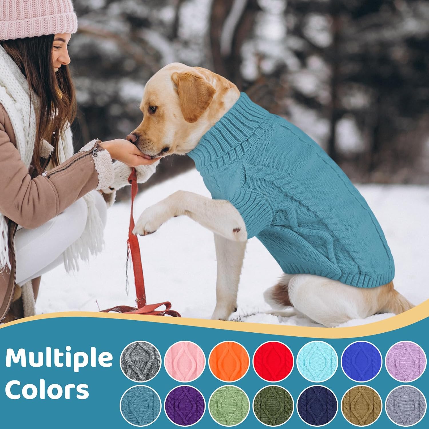 Queenmore Small Dog Pullover Sweater, Cold Weather Cable Knitwear, Classic Turtleneck Thick Warm Clothes for Chihuahua, Bulldog, Dachshund, Pug (Peacock Blue, Large)