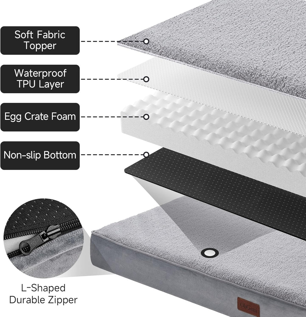 OhGeni Orthopedic Waterproof & Machine Washable Dog Bed for Large Pets, Suitable for Crates, 25D Egg Crate Foam, Non-Slip Bottom & Removable Cover, Sherpa Fabric, 41 Inches(Gray)