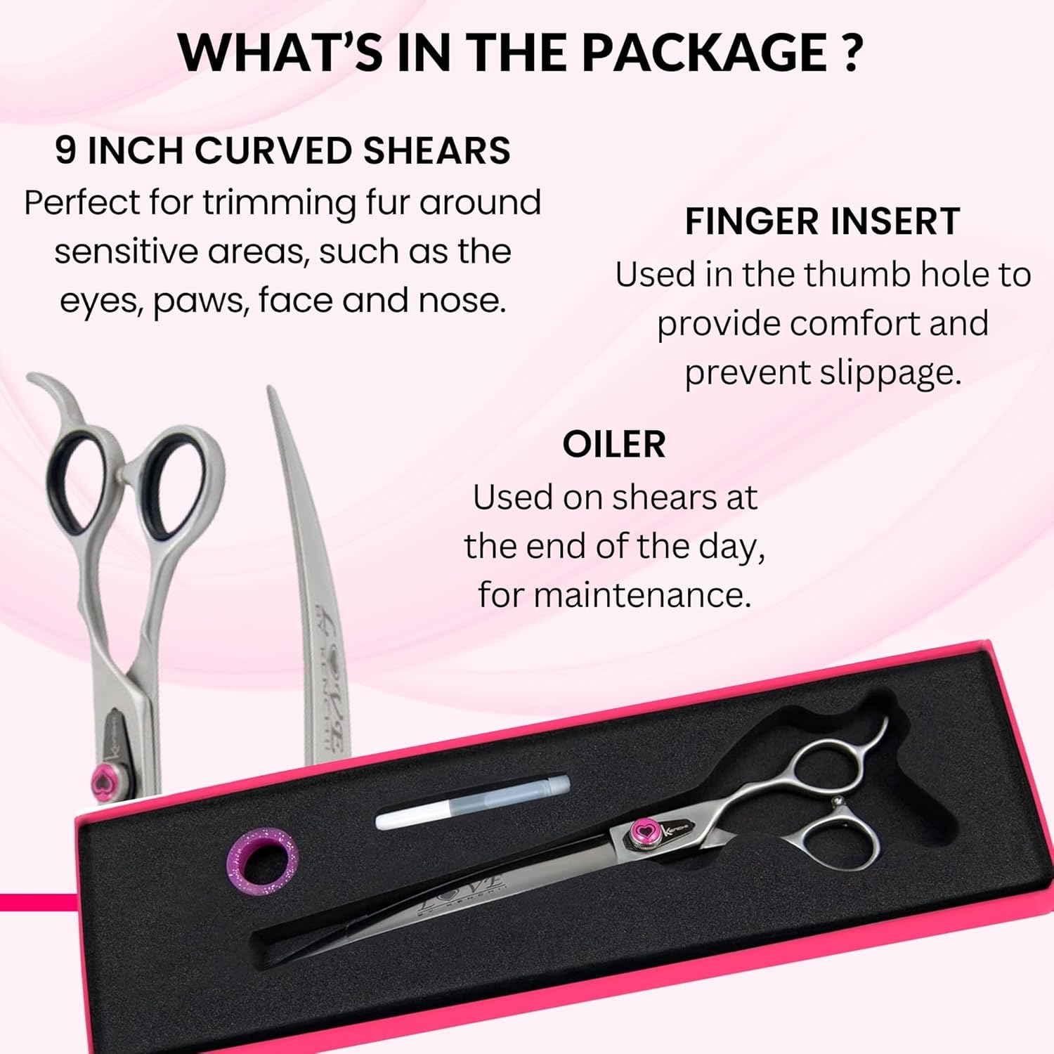 Kenchii Love Left Handed Dog Grooming Scissors, 9 Inch Curved Shears, Dog Scissors for Grooming, Professional Pet Grooming Scissors, Ergonomic & Comfortable