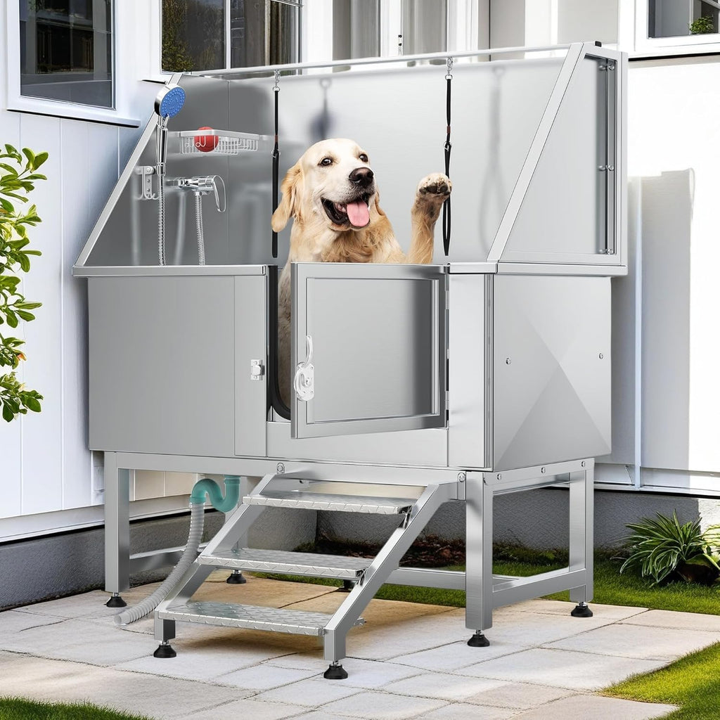 YITAHOME Professional Dog Bathtub 50in, Stainless Steel 304 Dog Bathing Station for Home, Pet Grooming Tub w/Right Stairs, Faucet, Floor Grate, Pet Washing Station for Large, Medium, Small Pets