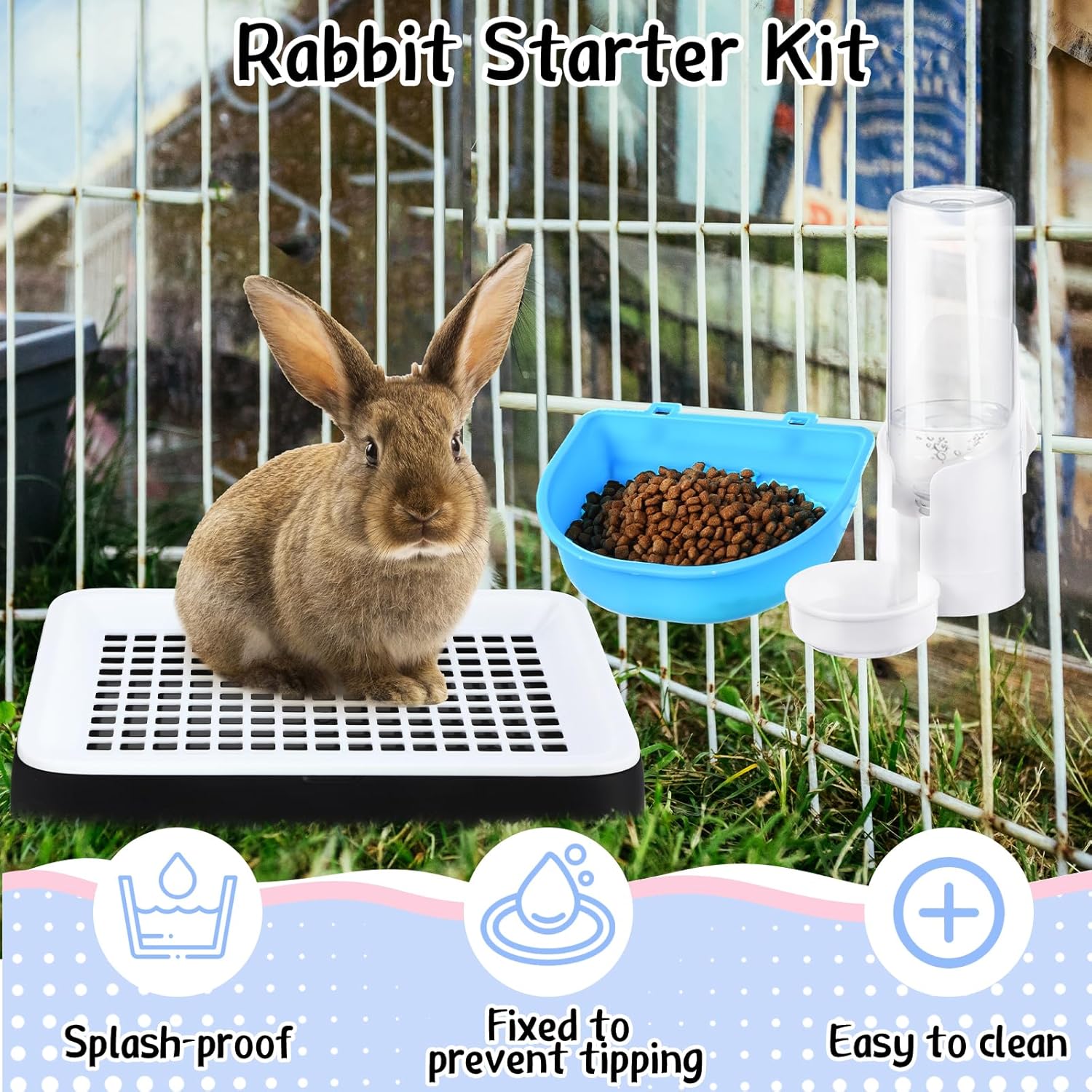 19 Pcs Rabbit Starter Kit Small Bunny Litter Box Rabbit Grooming Kit Water Bottle Bunny Toys Hay Feeder Bowl Blankets with Cleaning Set for Guinea Pig Accessories(Black,Cloud)