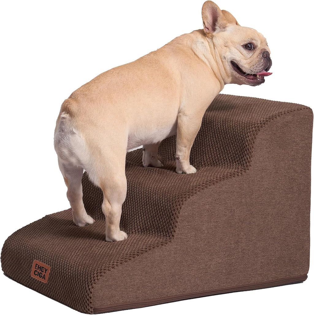 EHEYCIGA Curved Dog Stairs Ramp for Small Dogs 15.7" H, 3-Step Dog Steps for Couch Sofa and Chair, Pet Stairs for Cats, Non-Slip Balanced Pet Steps Indoor, Brown