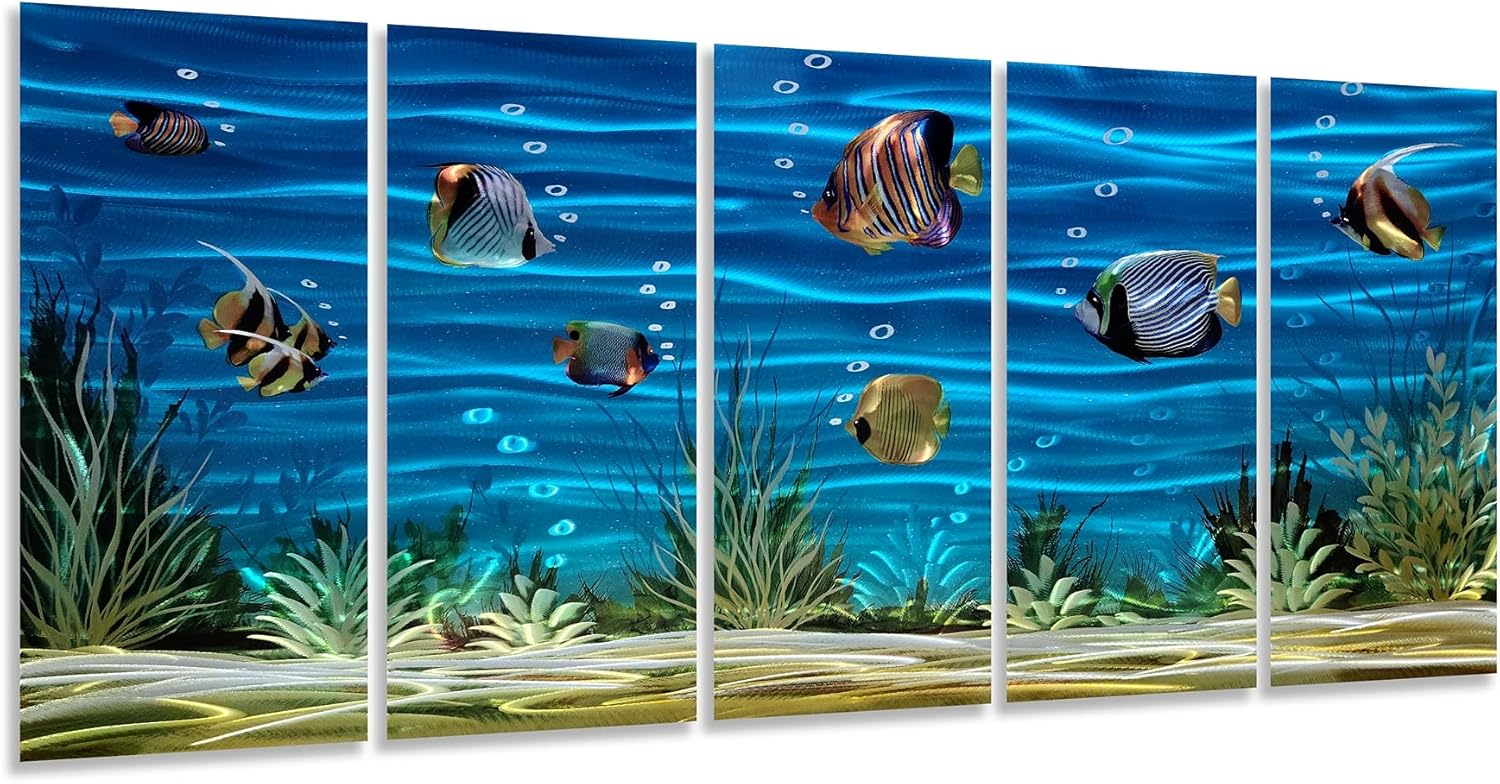 SYGALLERIER School Of Fish Metal Wall Art Handcrafted 3D Coastal Aluminum Artwork Modern Abstract Sea Styles Wall Accent in Blue Green Silver Color for Living Room Bedroom Bathroom Decor