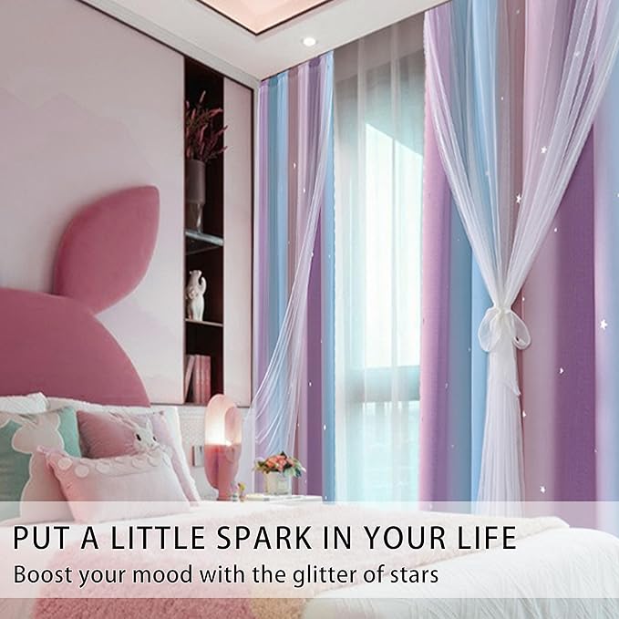 XiDi Curtains for Girls Bedroom, Blackout for Kids Room, Colorful Rainbow Design, Unicorn Wall Decor Pink Ombre Curtains, Purple Princess Room 72 Inches Long 34 Wide 2 Panel Sets Pink Purple