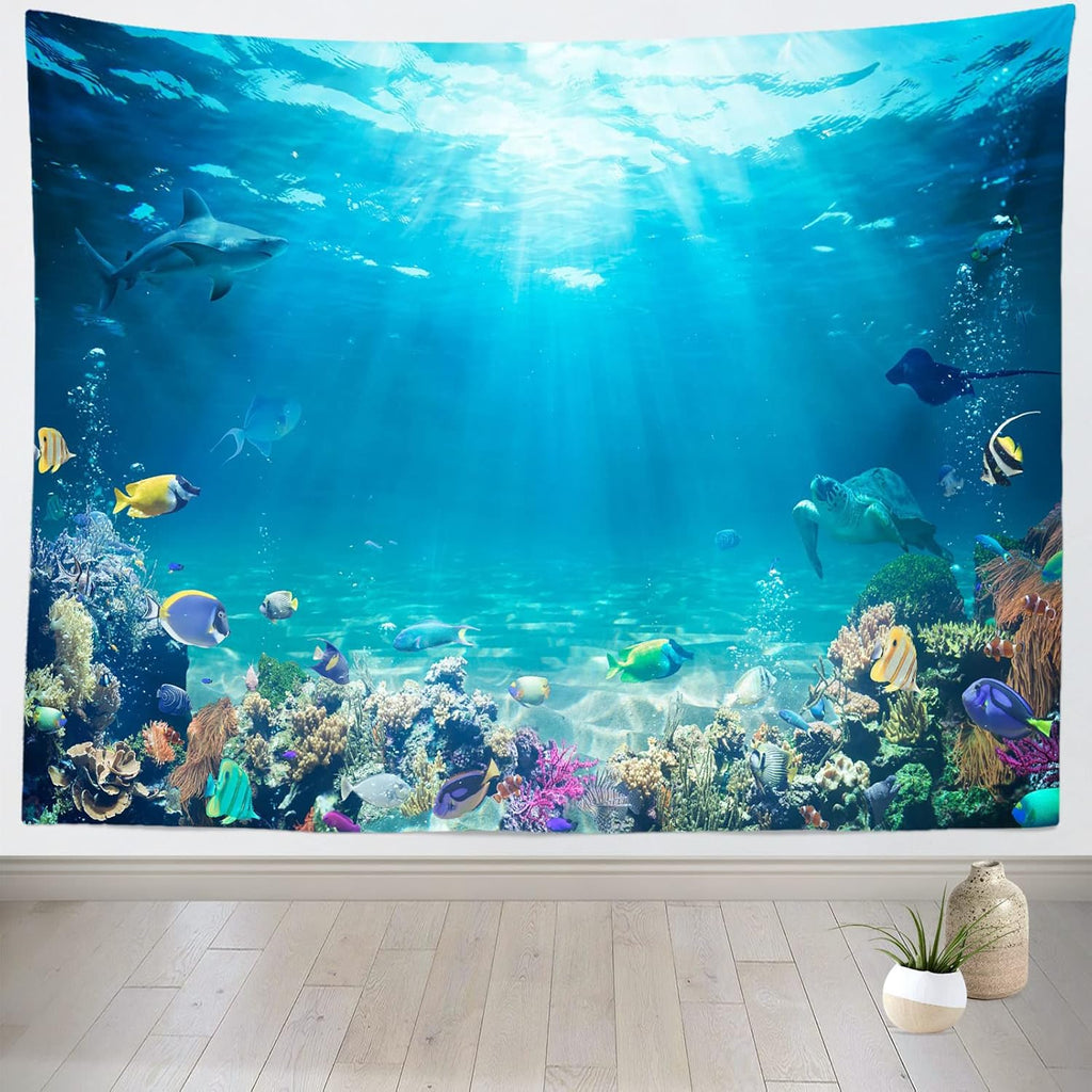 Loccor Underwater World Tapestry Blue Ocean Wall Hanging Under the Sea Coral Reef Wall Tapestry 140x118 Inches Tropical Fish Tank Undersea Tapestries Marine Wall Art for Bedroom Living Room Dorm Decor
