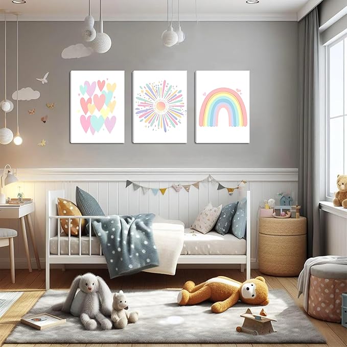 Framed Girls Rainbow Canvas Wall Art Set of 3, Colorful Boho Sun Nursery Wall Decor Painting, Kids Heart Picture Posters Prints for Classroom Kids Room Baby Room Bedroom Dorm Decor 12x16 In