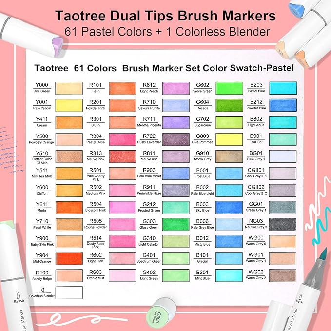 Taotree Alcohol Brush Markers Art Supplies, 61 Pastel Colors Dual Tip Art Coloring Markers Pens, Brush & Fine Tip Sketch, Drawing Supplies Gift for Artist Adult Coloring Book Painting, Sketching