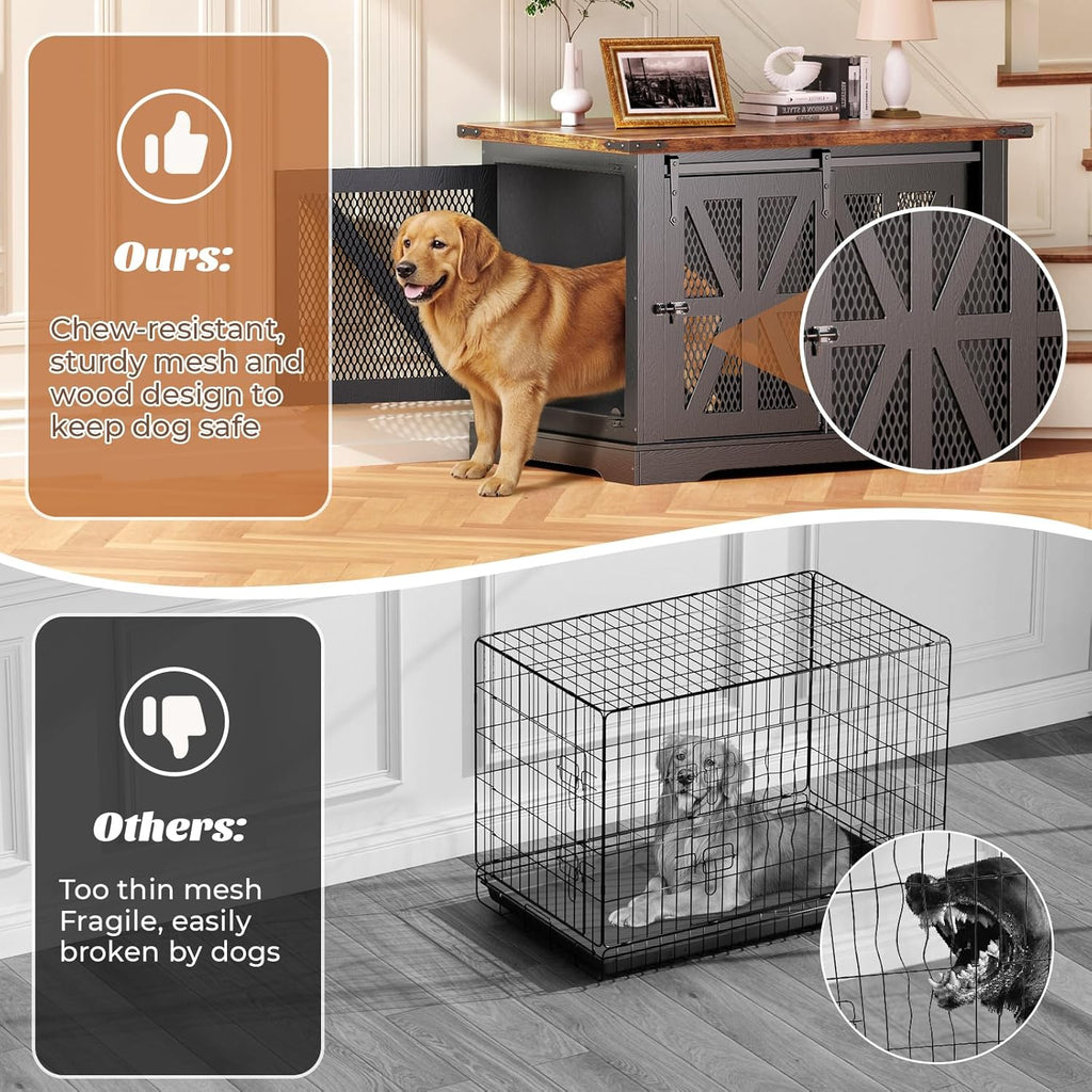 VOPEAK 43.3" XL Dog Crate Furniture, Chew Resistant Dog Crate for Medium Large Dogs, Heavy Duty Extra Large Dog Crate Dog Kennel Indoor with Double Doors, Wooden End Table for Living Room, Black