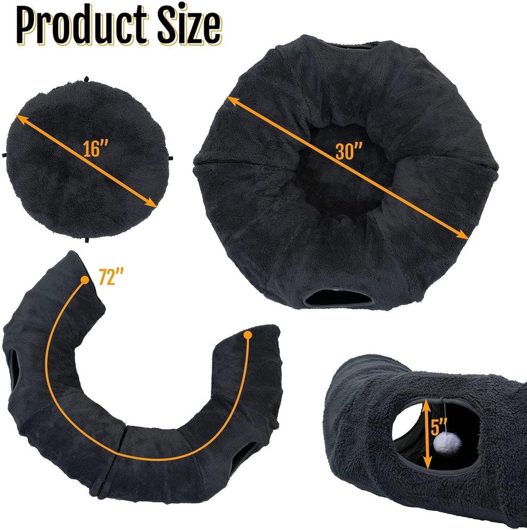 R1M Cat Tunnel Bed for Indoor Cats, Cute Cat Donut Tunnel Toys for Small, Larger Cats with Two Fish Cat Toys, Round Pet Peekaboo Cave Toy for Kitten, Dark Grey