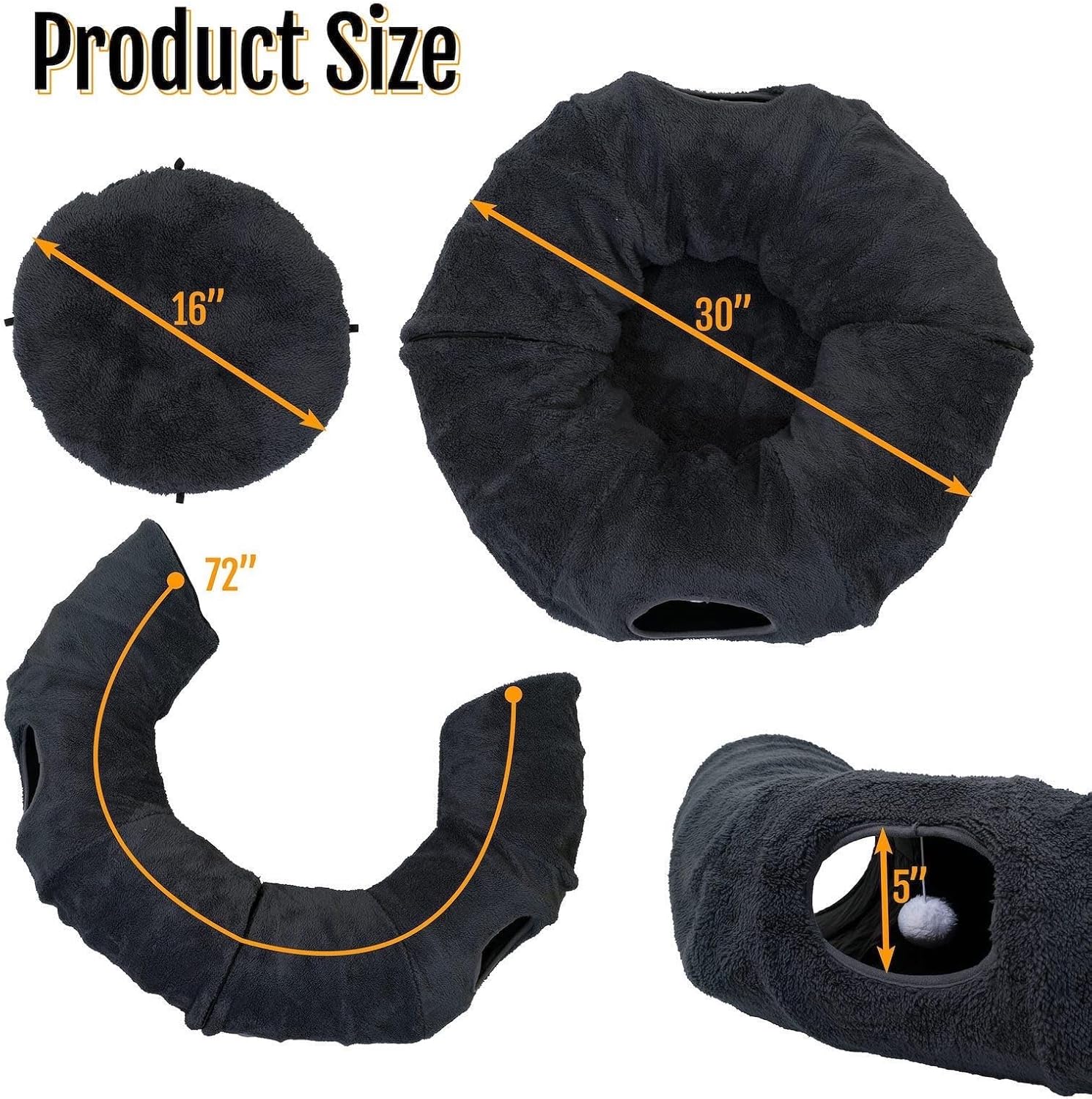 R1M Cat Tunnel Bed for Indoor Cats, Cute Cat Donut Tunnel Toys for Small, Larger Cats with Two Fish Cat Toys, Round Pet Peekaboo Cave Toy for Kitten, Dark Grey